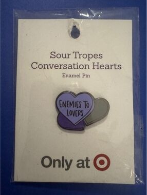 Sour Tropes Conversation Hearts Enamel Pin - Enemies to Lovers Design, New